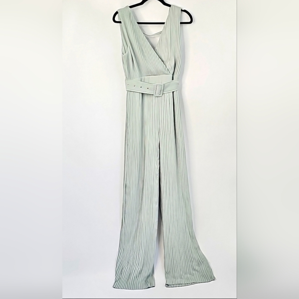 Elegant Mint Green Pleated Deep Vneck & Open Back Empire Waist Jumpsuit w Belt